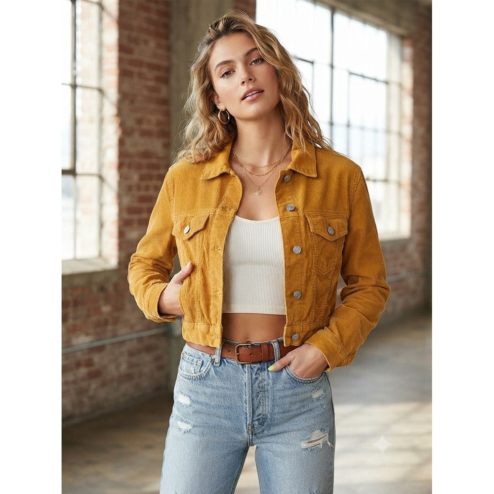 PacSun Corduroy Jacket Womens XS/S Mustard Yellow Good Cropped Trucker Boho